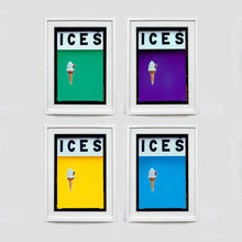 Load image into Gallery viewer, Set of four (2x2) white framed photographs by Richard Heeps.  Four identical photographs (apart from the block colour), at the top black letters spell out ICES and below is depicted a 99 icecream cone sitting left of centre set against, in turn, a viridan green, purple, sherbert yellow and sky blue oloured background.  