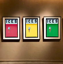 Load image into Gallery viewer, Set of three photographs by Richard Heeps.  Three identical photographs (apart from the block colour), at the top black letters spell out ICES and below is depicted a 99 icecream cone sitting left of centre set against, in turn, a coral, sherbert yellow and green coloured background.  