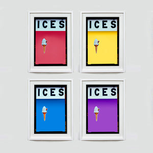 Set of four (2x2) white framed photographs by Richard Heeps.  Four identical photographs (apart from the block colour), at the top black letters spell out ICES and below is depicted a 99 icecream cone sitting left of centre set against, in turn, a coral, sherbert yellow, baby blue, lilac coloured background.  