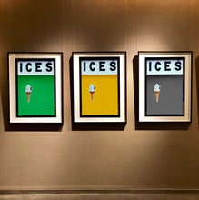 Load image into Gallery viewer, Set of three photographs by Richard Heeps.  Three identical photographs (apart from the block colour), at the top black letters spell out ICES and below is depicted a 99 icecream cone sitting left of centre set against, in turn, a green, mustard and grey coloured background.  