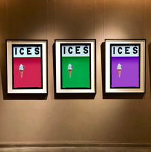 Load image into Gallery viewer, Set of three photographs by Richard Heeps.  Three identical photographs (apart from the block colour), at the top black letters spell out ICES and below is depicted a 99 icecream cone sitting left of centre set against, in turn, a raspberry, green and lilac coloured backgrounds.  