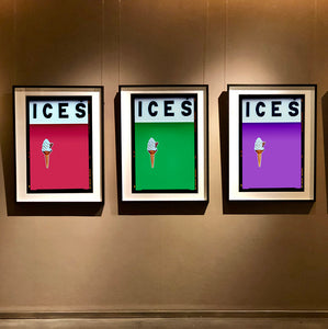 Set of three photographs by Richard Heeps.  Three identical photographs (apart from the block colour), at the top black letters spell out ICES and below is depicted a 99 icecream cone sitting left of centre set against, in turn, a raspberry, green and lilac coloured backgrounds.  
