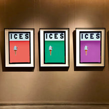 Load image into Gallery viewer, Set of three photographs by Richard Heeps.  Three identical photographs (apart from the block colour), at the top black letters spell out ICES and below is depicted a 99 icecream cone sitting left of centre set against, in turn, a melondrama, green and plum coloured background.  