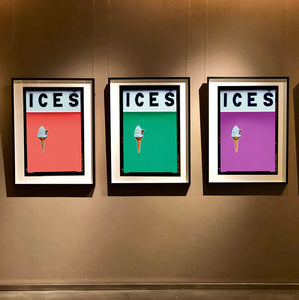 Set of three photographs by Richard Heeps.  Three identical photographs (apart from the block colour), at the top black letters spell out ICES and below is depicted a 99 icecream cone sitting left of centre set against, in turn, a melondrama, green and plum coloured background.  
