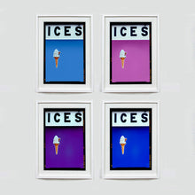 Load image into Gallery viewer, Set of four (2x2) white framed photographs by Richard Heeps.  Four identical photographs (apart from the block colour), at the top black letters spell out ICES and below is depicted a 99 icecream cone sitting left of centre set against, in turn, a baby blue, plum, purple and blue coloured background.  