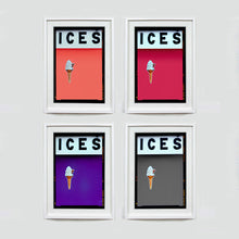 Load image into Gallery viewer, Set of four (2x2) white framed photographs by Richard Heeps.  Four identical photographs (apart from the block colour), at the top black letters spell out ICES and below is depicted a 99 icecream cone sitting left of centre set against, in turn, a melondrama, rapberry, purple and grey colosured background.  