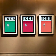 Load image into Gallery viewer, Set of three photographs by Richard Heeps.  Three identical photographs (apart from the block colour), at the top black letters spell out ICES and below is depicted a 99 icecream cone sitting left of centre set against, in turn, a viridan green, raspberry and melondrama coloured backgrounds.  