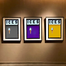 Load image into Gallery viewer, Set of three photographs by Richard Heeps.  Three identical photographs (apart from the block colour), at the top black letters spell out ICES and below is depicted a 99 icecream cone sitting left of centre set against, in turn, a grey, plum and yellow coloured background.  