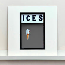 Load image into Gallery viewer, Mounted photograph by Richard Heeps.  At the top black letters spell out ICES and below is depicted a 99 icecream cone sitting left of centre against a grey coloured background.  