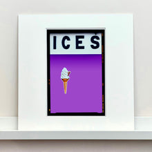 Load image into Gallery viewer, Mounted photograph by Richard Heeps.  At the top black letters spell out ICES and below is depicted a 99 icecream cone sitting left of centre against a lilac coloured background.  