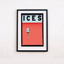 Load image into Gallery viewer, Black framed photograph by Richard Heeps.  At the top black letters spell out ICES and below is depicted a 99 icecream cone sitting left of centre against a melondrama red orange coloured background.  