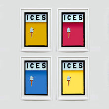 Load image into Gallery viewer, Set of four (2x2) white framed photographs by Richard Heeps.  Four identical photographs (apart from the block colour), at the top black letters spell out ICES and below is depicted a 99 icecream cone sitting left of centre set against, in turn, a mustard yellow, raspberry, baby blue and sherbert yellow coloured background.  