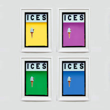 Load image into Gallery viewer, Set of four (2x2) white framed photographs by Richard Heeps.  Four identical photographs (apart from the block colour), at the top black letters spell out ICES and below is depicted a 99 icecream cone sitting left of centre set against, in turn, a sherbert yellow, plum, green and baby blue coloured background.  