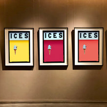Load image into Gallery viewer, Set of three photographs by Richard Heeps.  Three identical photographs (apart from the block colour), at the top black letters spell out ICES and below is depicted a 99 icecream cone sitting left of centre set against, in turn, a sherbert yellow, raspberry and melondrama coloured background.  