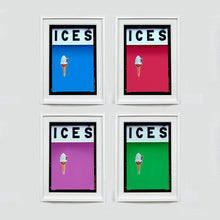 Load image into Gallery viewer, Set of four (2x2) white framed photographs by Richard Heeps.  Four identical photographs (apart from the block colour), at the top black letters spell out ICES and below is depicted a 99 icecream cone sitting left of centre set against, in turn, a sky blue, raspberry, plum and green coloured background.  