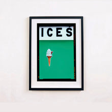 Load image into Gallery viewer, Black framed photograph by Richard Heeps.  At the top black letters spell out ICES and below is depicted a 99 icecream cone sitting left of centre against a viridian green coloured background.  