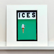 Load image into Gallery viewer, Mounted photograph by Richard Heeps.  At the top black letters spell out ICES and below is depicted a 99 icecream cone sitting left of centre against a viridian green coloured background.  
