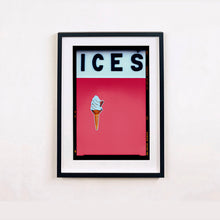 Load image into Gallery viewer, Black framed photograph by Richard Heeps.  At the top black letters spell out ICES and below is depicted a 99 icecream cone sitting left of centre against a coral coloured background.  