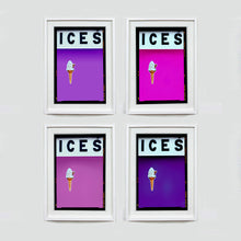 Load image into Gallery viewer, Set of four (2x2) white framed photographs by Richard Heeps.  Four identical photographs (apart from the block colour), at the top black letters spell out ICES and below is depicted a 99 icecream cone sitting left of centre set against, in turn, a lilac, pink, plum and purple coloured background.  