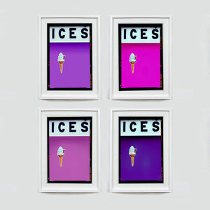 Set of four (2x2) white framed photographs by Richard Heeps.  Four identical photographs (apart from the block colour), at the top black letters spell out ICES and below is depicted a 99 icecream cone sitting left of centre set against, in turn, a lilac, pink, plum and purple coloured background.  