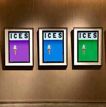 Load image into Gallery viewer, Set of three photographs by Richard Heeps.  Three identical photographs (apart from the block colour), at the top black letters spell out ICES and below is depicted a 99 icecream cone sitting left of centre set against, in turn, a lilac, sky blue and green coloured backgrounds.  