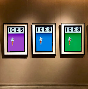 Set of three photographs by Richard Heeps.  Three identical photographs (apart from the block colour), at the top black letters spell out ICES and below is depicted a 99 icecream cone sitting left of centre set against, in turn, a lilac, sky blue and green coloured backgrounds.  