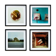 Load image into Gallery viewer, Four black framed photographs by Richard Heeps. The first one features a vintage pink soap dish which contains soap, nail brush, cork and a sponge/wire wool combo. The second photograph is a green blue wall with a similar coloured shelf, on the shelf sits a mirror, a small bunch of flowers and a cat book. The third photograph is a chapel sitting on a roadside. The fourth photograph is looking down on a brown side chair which has a tatty bible sitting on it.