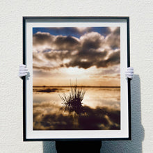 Load image into Gallery viewer, Photograph held by photographer Richard Heeps. A tussock of grass sits at dusk in fenland water. It is siting under a black and white cloud formation with a golden dusk hue.