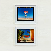 Load image into Gallery viewer, Sundowner and Motel Desert Shores Salton Sea California photographs by Richard Heeps framed in white.