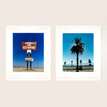 Load image into Gallery viewer, Palm Tree and Salton Sea restaurant against blue California sky white frame photographs by Richard Heeps