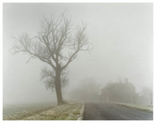 Load image into Gallery viewer, Photograph by Richard Heeps.  A foggy scene in Orwell, a leafless tree sits beside an empty road.