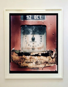 '92 Octane Petrol Pump' shows a vintage petrol pump, captured in a Wiblington, a Fenland village in the rural area near to Richard's home of Cambridge. This artwork is part of his autobiographical series, 'A View of the Fens from the Car with Wings', for which Richard has collected many petrol pumps.