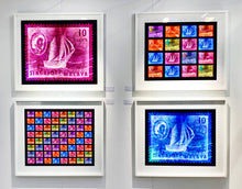 Load image into Gallery viewer, Singapore Stamp Collection &#39;Singapore Ship Sequence (8x8)&#39;. These historic postage stamps that make up the Heidler &amp; Heeps Stamp Collection, Singapore Series &#39;Postcards from Afar&#39; have been given a twenty-first century pop art lease of life. The fine detailed tapestry of the original small postage stamp has been brought to life, made unique by the franking stamp and Heidler &amp; Heeps specialist darkroom process.
