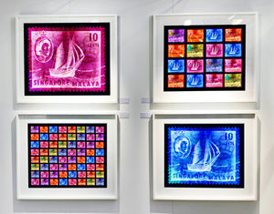 Singapore Stamp Collection 'Singapore Ship Sequence (8x8)'. These historic postage stamps that make up the Heidler & Heeps Stamp Collection, Singapore Series 'Postcards from Afar' have been given a twenty-first century pop art lease of life. The fine detailed tapestry of the original small postage stamp has been brought to life, made unique by the franking stamp and Heidler & Heeps specialist darkroom process.