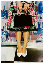Load image into Gallery viewer, Photograph by Richard Heeps.  The vintage revival is captured with a below the waist shot, of a vintage dress and a black handbag held in the centre.