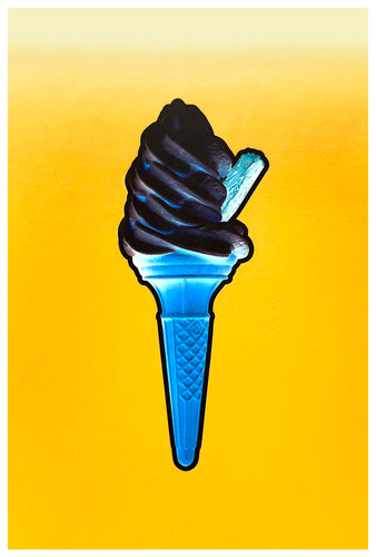 Photograph by Richard Heeps. Black Ice cream, blue cone, yellow background.