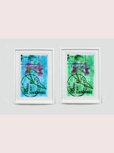 Load image into Gallery viewer, 30 Cents Singapore Orchid Green. These historic postage stamps that make up the Heidler &amp; Heeps Stamp Collection, Singapore Series “Postcards from Afar” have been given a twenty-first century pop art lease of life. The fine detailed tapestry of the original small postage stamp has been brought to life, made unique by the franking stamp and Heidler &amp; Heeps specialist darkroom process.