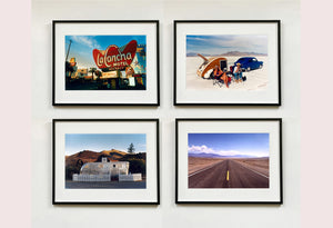 'Christine's '52 Henry J & teardrop' was captured in Bonneville Salt Flats, Utah, the iconic home of speed. This photograph shows the mountains in the distance meeting and contrasting with the flatness of the salt pan, whilst a pair of retro spectators look out at the speeding cars in the distance.