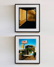 Load image into Gallery viewer, &#39;Door - Lariat Motel&#39; is a cinematic scene showing a doorway in the glowing evening light, with the setting sun casting shadows across the architecture. Richard Heeps photographed this artwork in Fallon, Nevada whilst on an American road trip. This artwork is part of Richard&#39;s &#39;Dream in Colour&#39; series. 