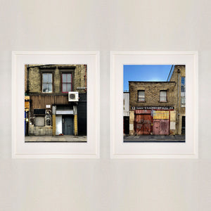 East London brick building architecture street photography by Richard Heeps framed in white.