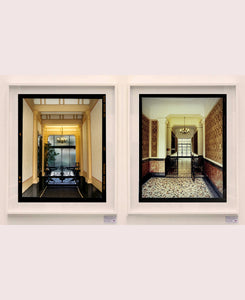 'Foyer VIII' shows an Art Deco entrance hall in Milan, featuring stained glass panelling and marble flooring. This piece is part of Richard Heeps' series 'A Short History of Milan', which began in November 2018 for a special project featuring at the Affordable Art Fair Milan 2019, and the series is ongoing. There is a reoccurring linear, structural theme throughout the series, capturing the Milanese use of materials in design such as glass, metal, wood and stone. Richard