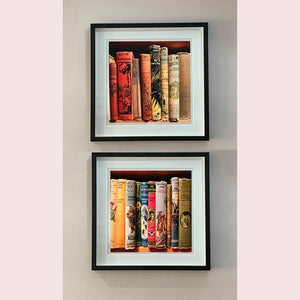 Framed photographs of vintage book spines by Richard Heeps.