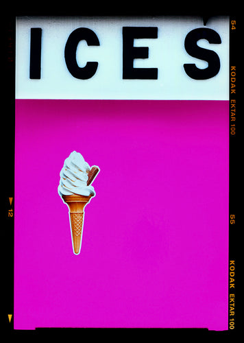 Photograph by Richard Heeps. Pink typography print of an ice cream on pink colour blocking with the Kodak film rebate.