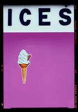 Load image into Gallery viewer, Photograph by Richard Heeps.  Black letters spell out ICES and below is depicted a 99 icecream cones sitting left of centre against a plum coloured background.  