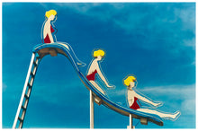 Load image into Gallery viewer, Three females on a slide on a neon sign against a blue sky with clouds photograph by Richard Heeps.