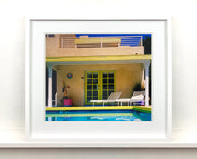 Load image into Gallery viewer, Palm Springs Pool Side II showcases classic mid-century Palm Springs California architecture. Cool blue skies and pool with accents of pink and almost neon yellow. From Richard Heeps Dream in Colour series.