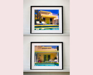 Palm Springs Poolside I, California, 2002, photography by Richard Heeps at Ballantines Movie Colony. This artwork captures the classic mid-century Palm Springs architecture set against saturated blue skies and the cool pool with accents of pink and almost neon yellow. 