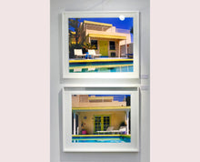 Load image into Gallery viewer, Palm Springs Poolside I, California, 2002, photography by Richard Heeps at Ballantines Movie Colony. This artwork captures the classic mid-century Palm Springs architecture set against saturated blue skies and the cool pool with accents of pink and almost neon yellow. 