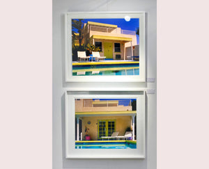 Palm Springs Poolside I, California, 2002, photography by Richard Heeps at Ballantines Movie Colony. This artwork captures the classic mid-century Palm Springs architecture set against saturated blue skies and the cool pool with accents of pink and almost neon yellow. 