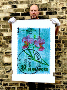 Singapore Stamp Collection '30 Cents Singapore Orchid Blue'. These historic postage stamps that make up the Heidler & Heeps Stamp Collection, Singapore Series 'Postcards from Afar' have been given a twenty-first century pop art lease of life. The fine detailed tapestry of the original small postage stamp has been brought to life, made unique by the franking stamp and Heidler & Heeps specialist darkroom process.